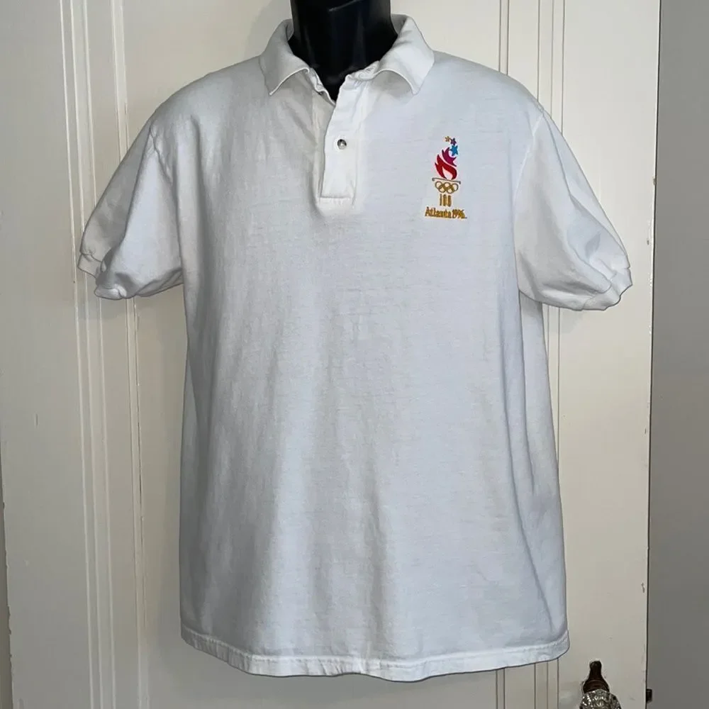 Vintage‎ Hanes white cotton polo shirt with Olympics 100 Atlanta 1996 embroidery